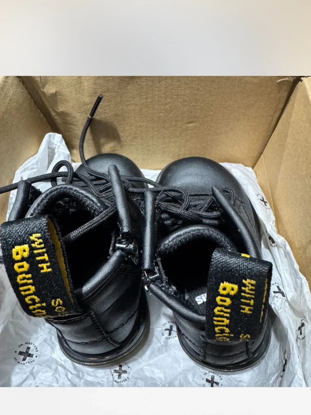 Dr. Martens Kids Black Leather Lace-Up Zip Boots with Yellow Stitching